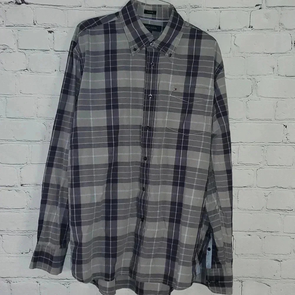 Tommy Hilfiger Custom Fit Purple & Gray Plaid Casual Button Up Shirt Mens Size L